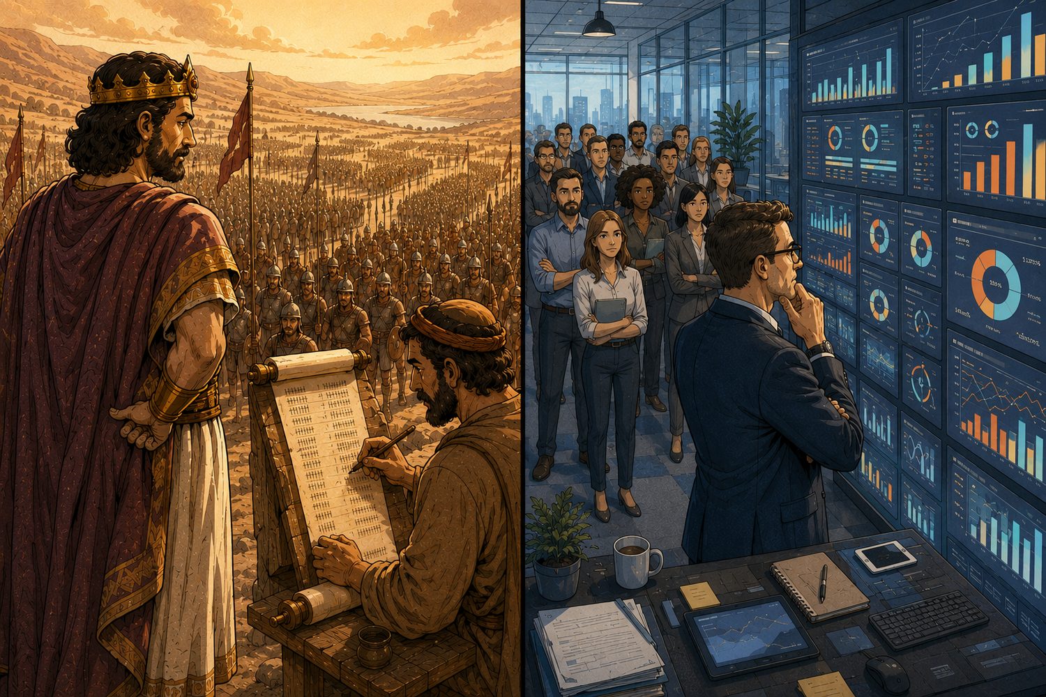 Geteiltes Bild: links David, der sein Heer zählt; rechts eine Führungskraft vor einer Tabelle voller Kennzahlen.