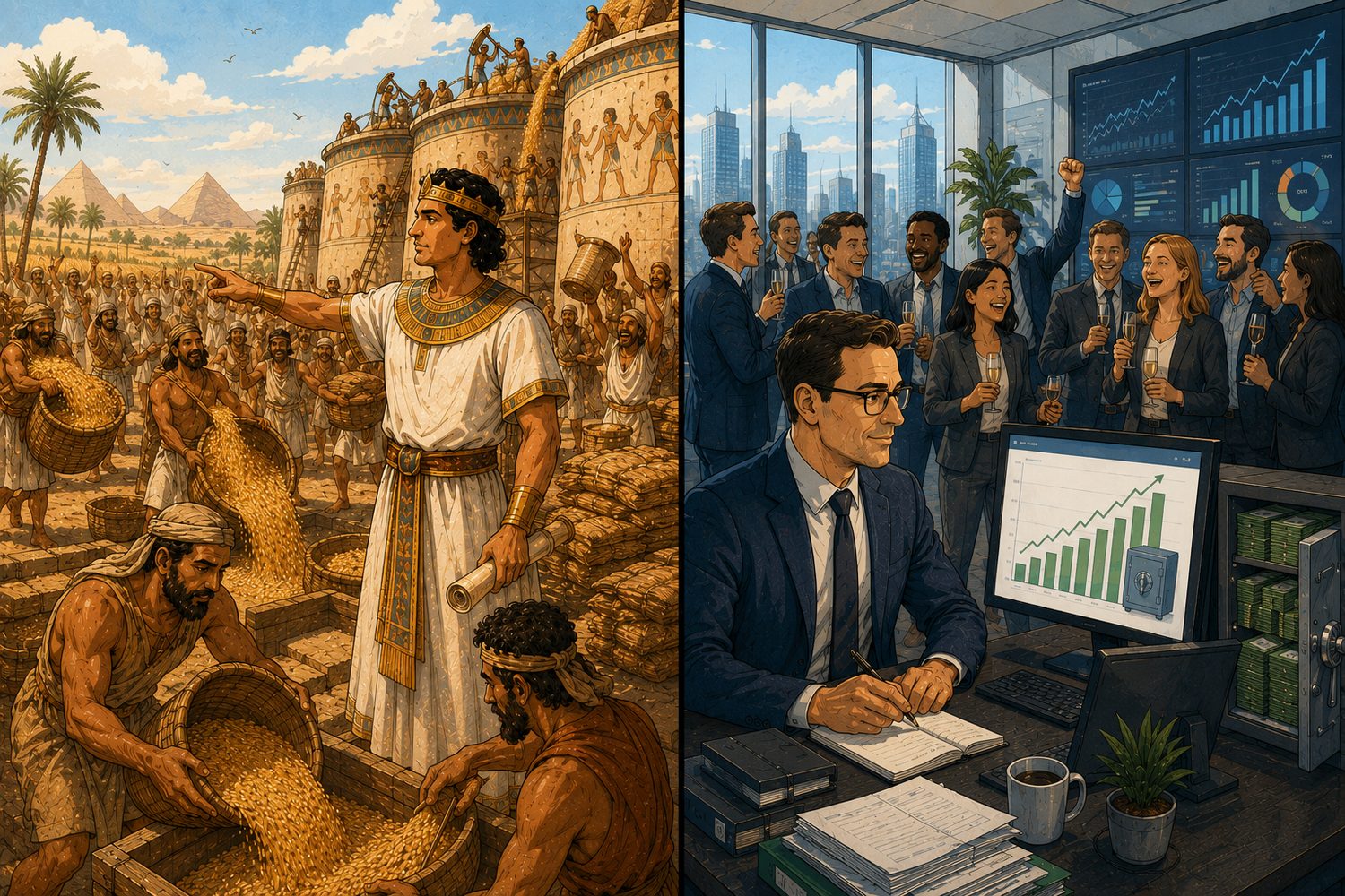 Geteiltes Bild: links Josef, der in Ägypten Vorräte anlegt; rechts ein Unternehmer, der in guten Zeiten Rücklagen bildet.