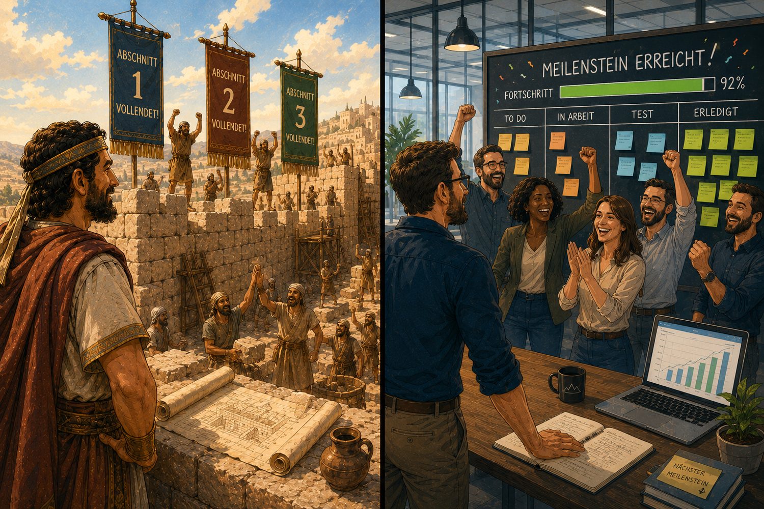 Geteiltes Bild: links Nehemia vor der zerstörten Stadtmauer; rechts ein Projektteam, das eine große Aufgabe in klare Abschnitte aufteilt.