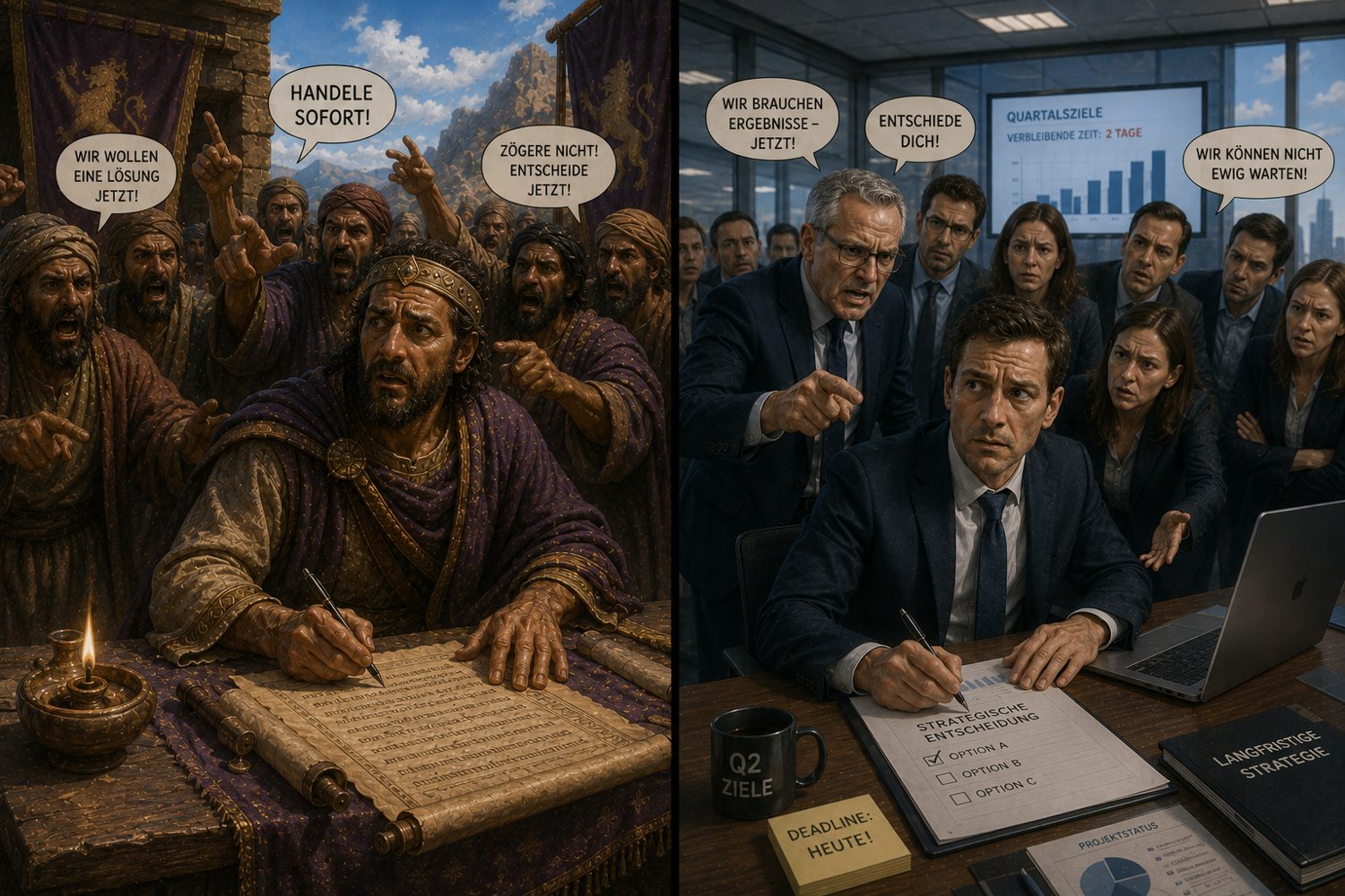 Geteiltes Bild: links Saul am Altar, der Rauch steigt auf; rechts eine Führungskraft, die unter Zeitdruck eine überstürzte Entscheidung trifft.