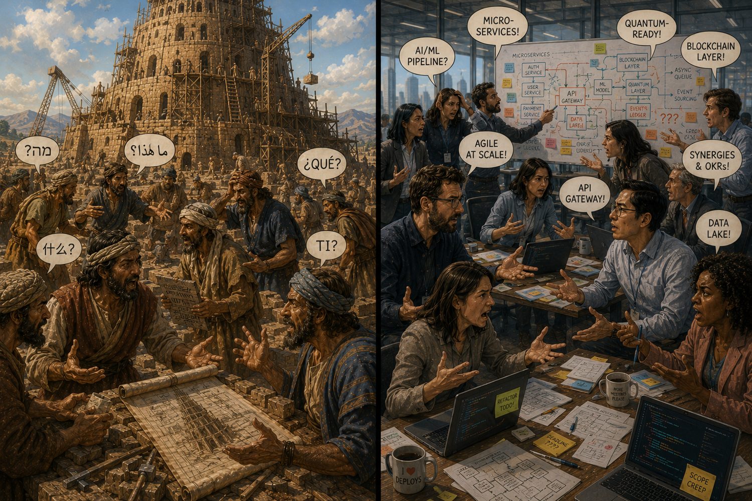 Geteiltes Bild: links der halbfertige Turmbau zu Babel, die Arbeiter reden in verschiedenen Sprachen aneinander vorbei; rechts scheitert ein Technikprojekt, weil die Teams sich in Fachjargon nicht mehr verstehen.
