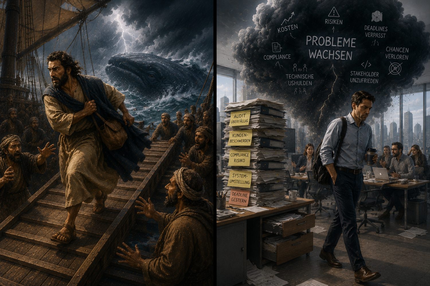 Geteiltes Bild: links flieht Jona die Gangway eines Schiffs hinauf in die Gegenrichtung, hinter ihm Sturm und der Schatten eines Wals; rechts geht ein Mitarbeiter vor einem wachsenden Problem davon, das sich zu einer Sturmwolke auftürmt.